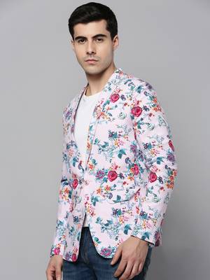 SHOWOFF Men's Notched Lapel Printed Pink Open Front Blazer 3