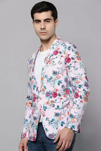 SHOWOFF Men's Notched Lapel Printed Pink Open Front Blazer
