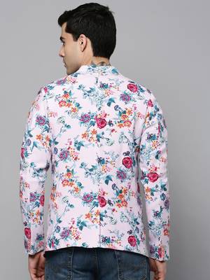 SHOWOFF Men's Notched Lapel Printed Pink Open Front Blazer 4