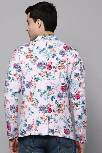 SHOWOFF Men's Notched Lapel Printed Pink Open Front Blazer