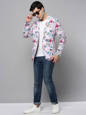SHOWOFF Men's Notched Lapel Printed Pink Open Front Blazer 5