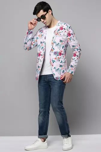 SHOWOFF Men's Notched Lapel Printed Pink Open Front Blazer