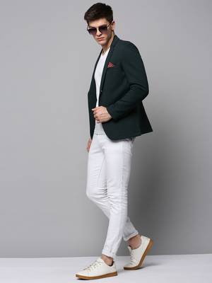 Men's Notched Lapel Green Solid Blazer 5