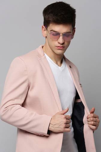 Men's Notched Lapel Solid Pink Open Front Blazer