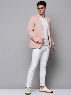 Men's Notched Lapel Solid Pink Open Front Blazer 5