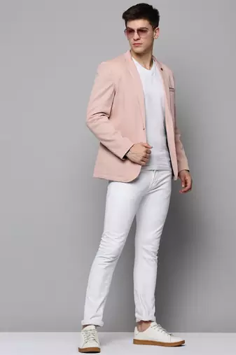 Men's Notched Lapel Solid Pink Open Front Blazer