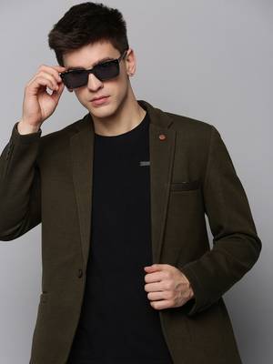 Men's Notched Lapel Solid Olive Open Front Blazer 1