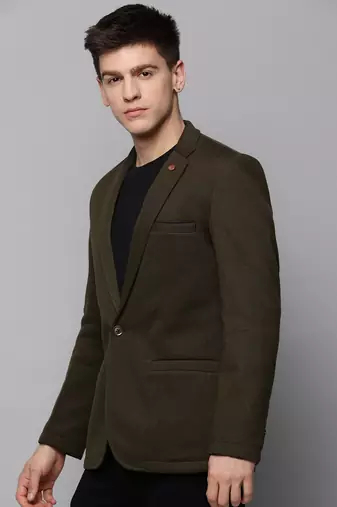Men's Notched Lapel Solid Olive Open Front Blazer