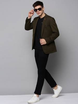Men's Notched Lapel Solid Olive Open Front Blazer 5