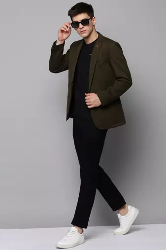 Men's Notched Lapel Solid Olive Open Front Blazer