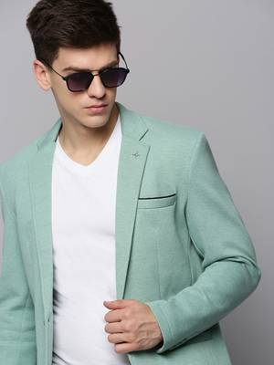 Men's Notched Lapel Solid Sea Green Open Front Blazer 1