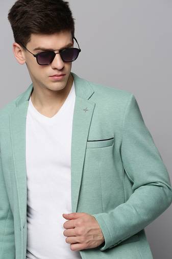 Men's Notched Lapel Solid Sea Green Open Front Blazer