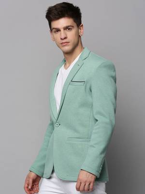 Men's Notched Lapel Solid Sea Green Open Front Blazer 3