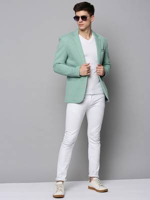 Men's Notched Lapel Solid Sea Green Open Front Blazer 5