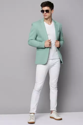 Men's Notched Lapel Solid Sea Green Open Front Blazer