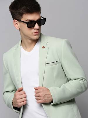 Men's Notched Lapel Solid Sea Green Open Front Blazer 1