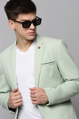 Men's Notched Lapel Solid Sea Green Open Front Blazer