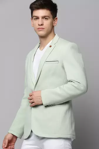 Men's Notched Lapel Solid Sea Green Open Front Blazer