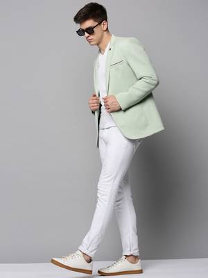Men's Notched Lapel Solid Sea Green Open Front Blazer 5
