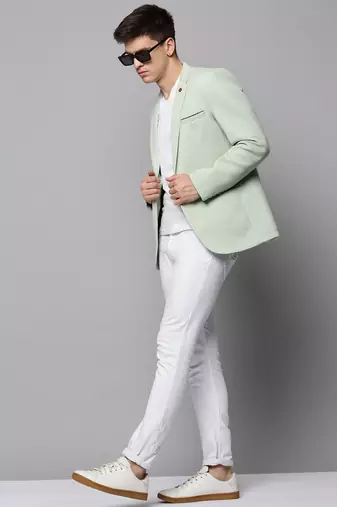 Men's Notched Lapel Solid Sea Green Open Front Blazer
