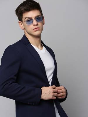 Men's Notched Lapel Solid Navy Blue Open Front Blazer 1