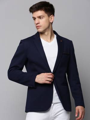 Men's Notched Lapel Solid Navy Blue Open Front Blazer 2