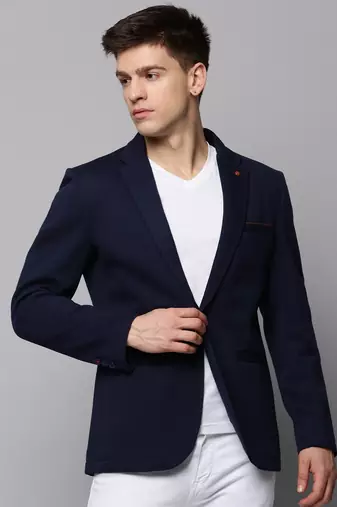 Men's Notched Lapel Solid Navy Blue Open Front Blazer