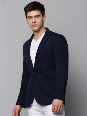 Men's Notched Lapel Solid Navy Blue Open Front Blazer 3