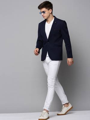 Men's Notched Lapel Solid Navy Blue Open Front Blazer 5