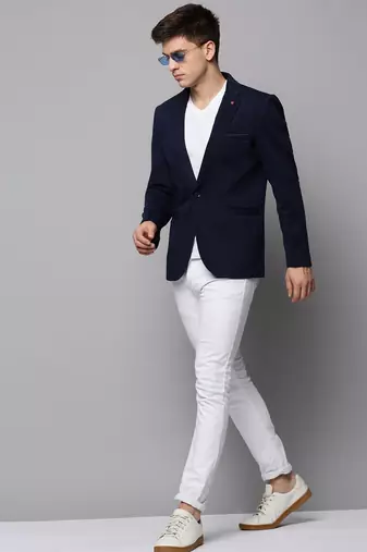 Men's Notched Lapel Solid Navy Blue Open Front Blazer
