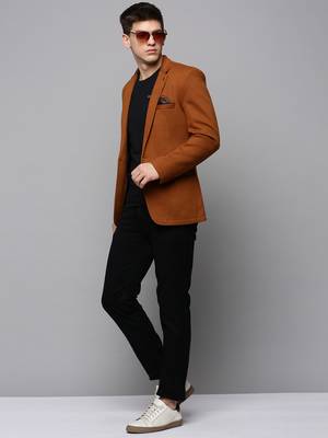 Men's Notched Lapel Solid Tan Open Front Blazer 5