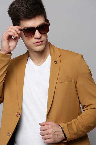 SHOWOFF Men's Notched Lapel Solid Gold Open Front Blazer