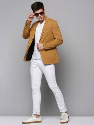 SHOWOFF Men's Notched Lapel Solid Gold Open Front Blazer 5