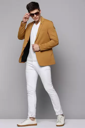 SHOWOFF Men's Notched Lapel Solid Gold Open Front Blazer