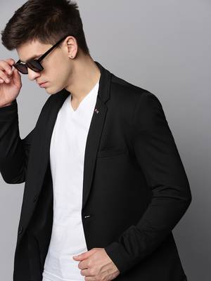 SHOWOFF Men's Notched Lapel Solid Black Open Front Blazer 1