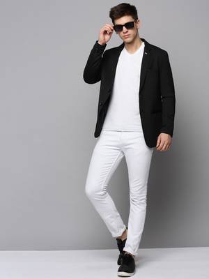 SHOWOFF Men's Notched Lapel Solid Black Open Front Blazer 5