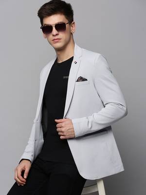Men's Notched Lapel Solid Grey Open Front Blazer 1