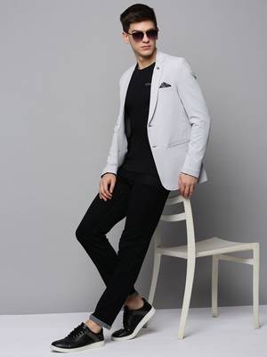 Men's Notched Lapel Solid Grey Open Front Blazer 5