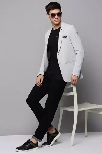 Men's Notched Lapel Solid Grey Open Front Blazer