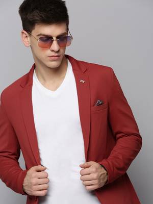 men's notched lapel solid red open front blazer 1