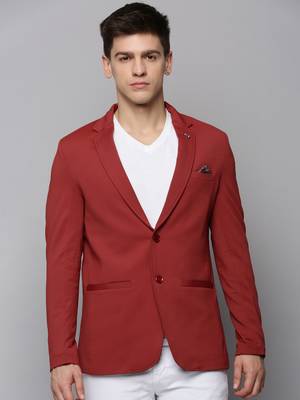 men's notched lapel solid red open front blazer 2