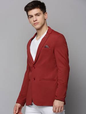 men's notched lapel solid red open front blazer 3