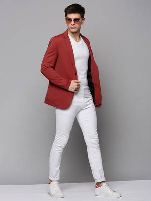 men's notched lapel solid red open front blazer 5