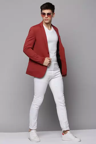 men's notched lapel solid red open front blazer