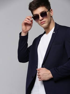 Men's Notched Lapel Solid Navy Blue Open Front Blazer 1