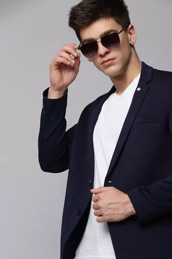 Men's Notched Lapel Solid Navy Blue Open Front Blazer