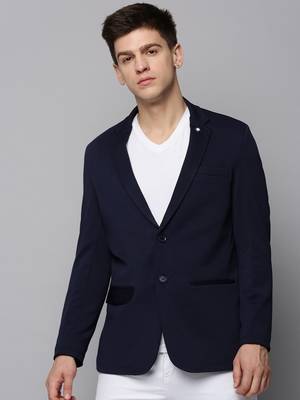 Men's Notched Lapel Solid Navy Blue Open Front Blazer 2