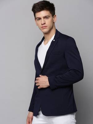 Men's Notched Lapel Solid Navy Blue Open Front Blazer 3