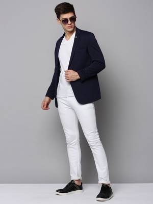 Men's Notched Lapel Solid Navy Blue Open Front Blazer 5