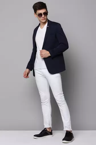 Men's Notched Lapel Solid Navy Blue Open Front Blazer